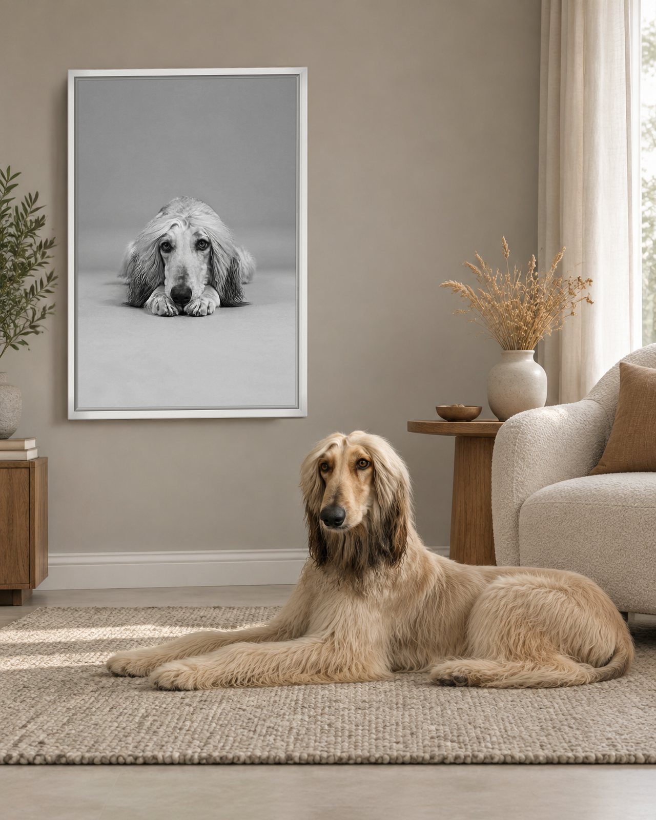 Chin on Paws portrait on canvas in a white floating frame in a warm-grey living room with a boucle armchair, with the dog beside it
