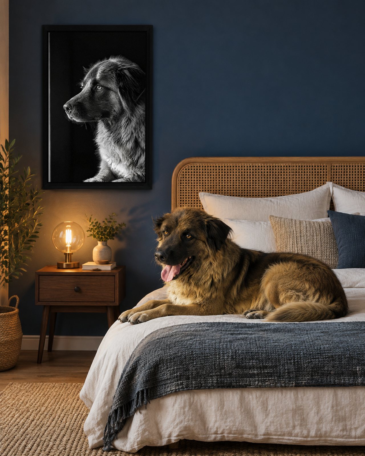 Out of the Shadow portrait on canvas in a black floating frame in an inky-blue bedroom with a cane headboard, with the dog beside it