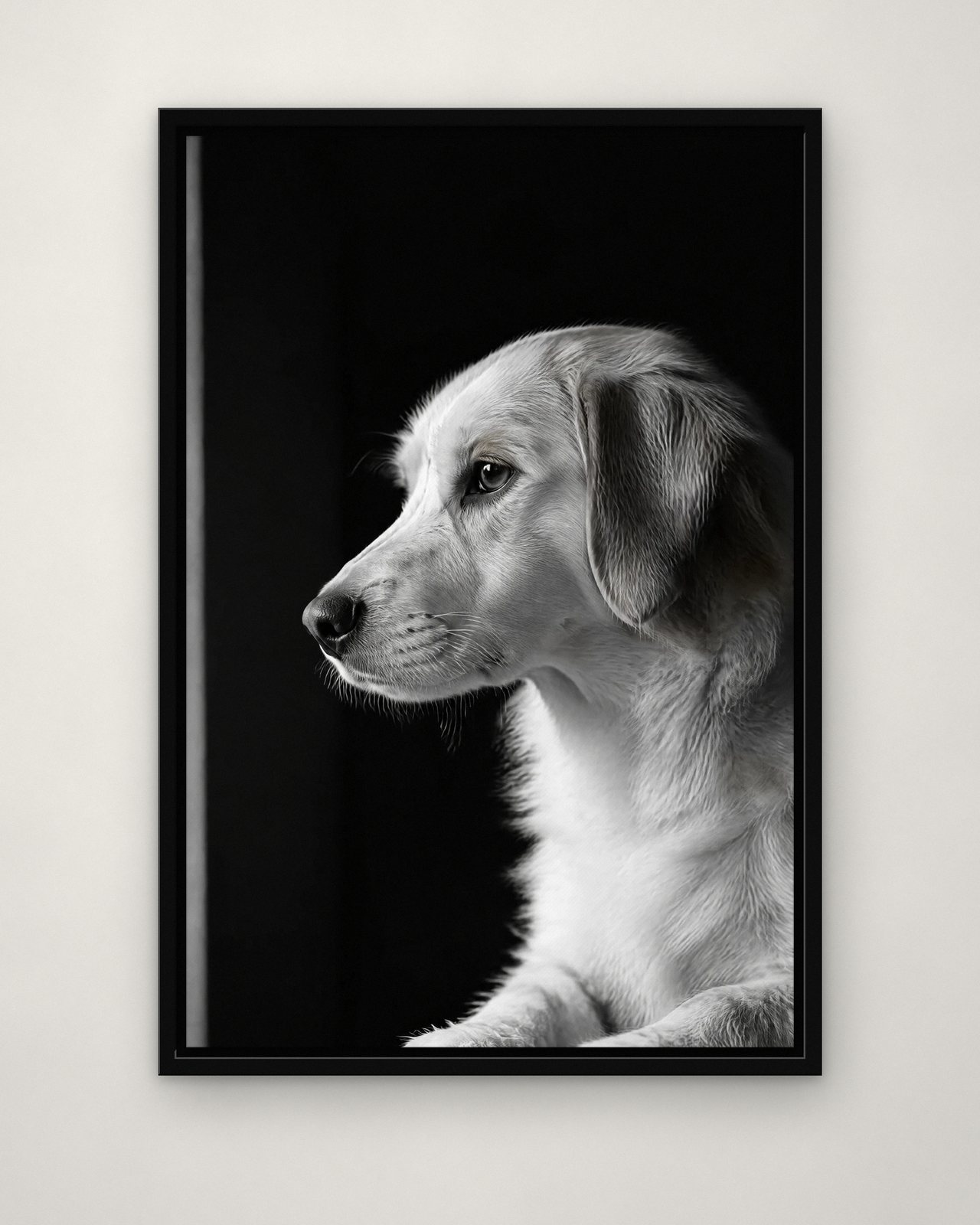 Out of the Shadow portrait on canvas in a black floating frame on a plain wall