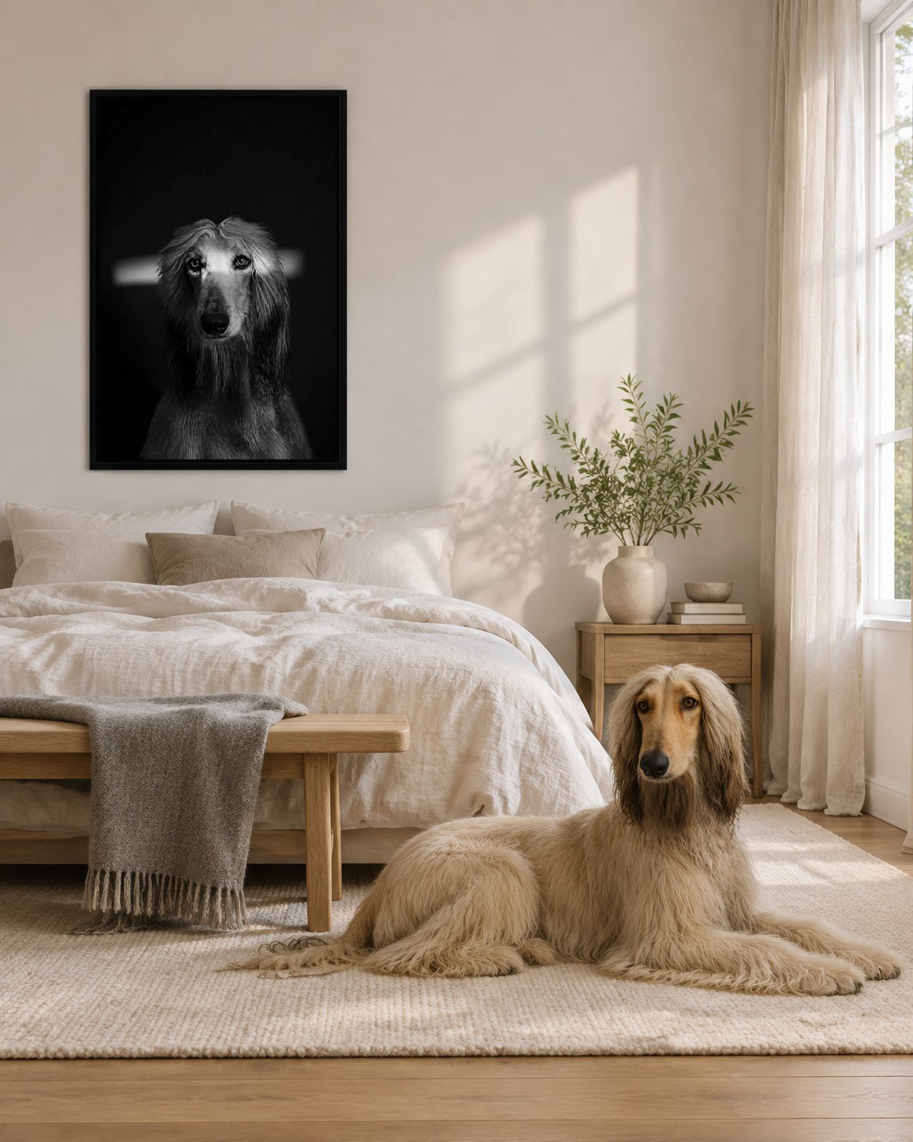 Eye Contact portrait on canvas in a black floating frame in a white bedroom with a linen bench, with the dog beside it