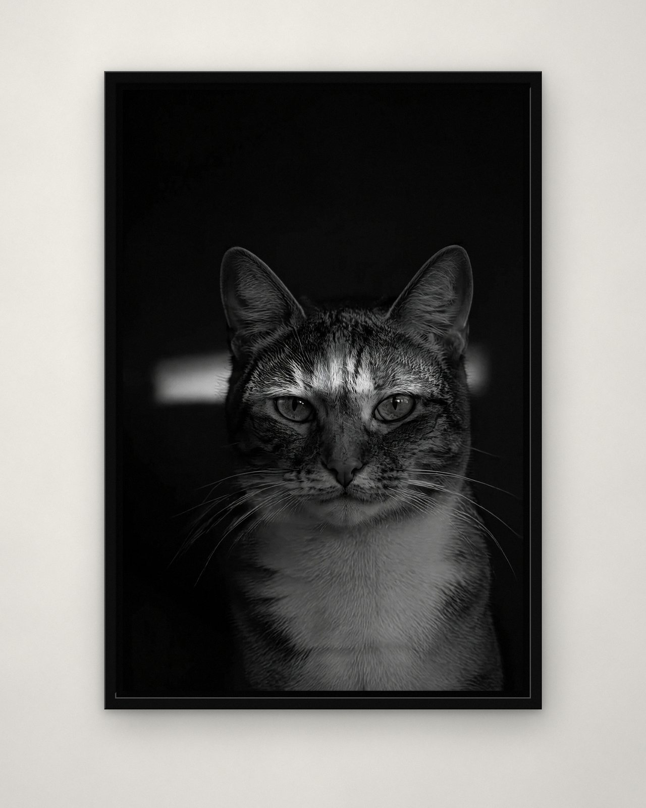 Eye Contact portrait on canvas in a black floating frame on a plain wall