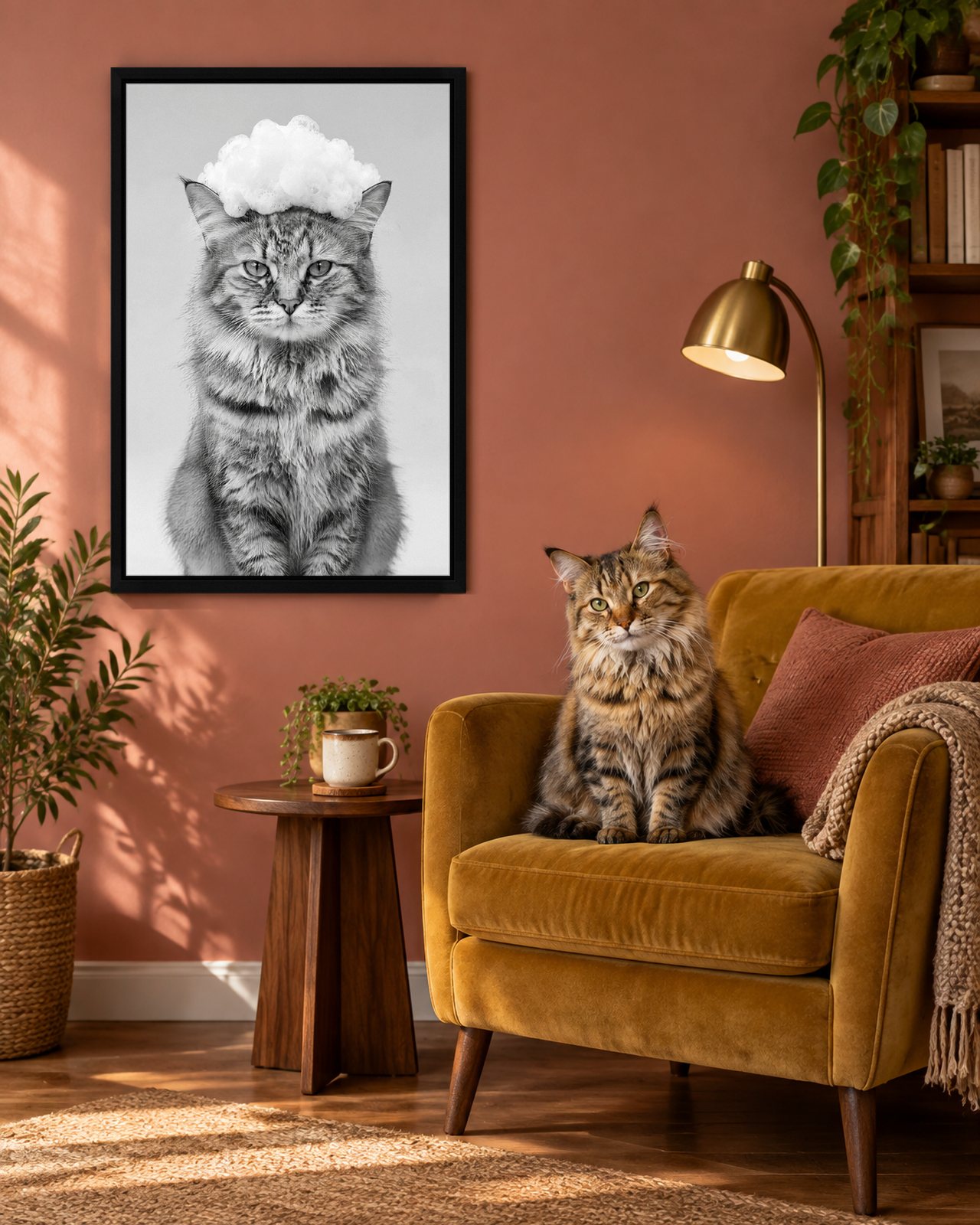 Bubble Crown portrait on canvas in a black floating frame in a clay-pink reading nook, with the cat beside it