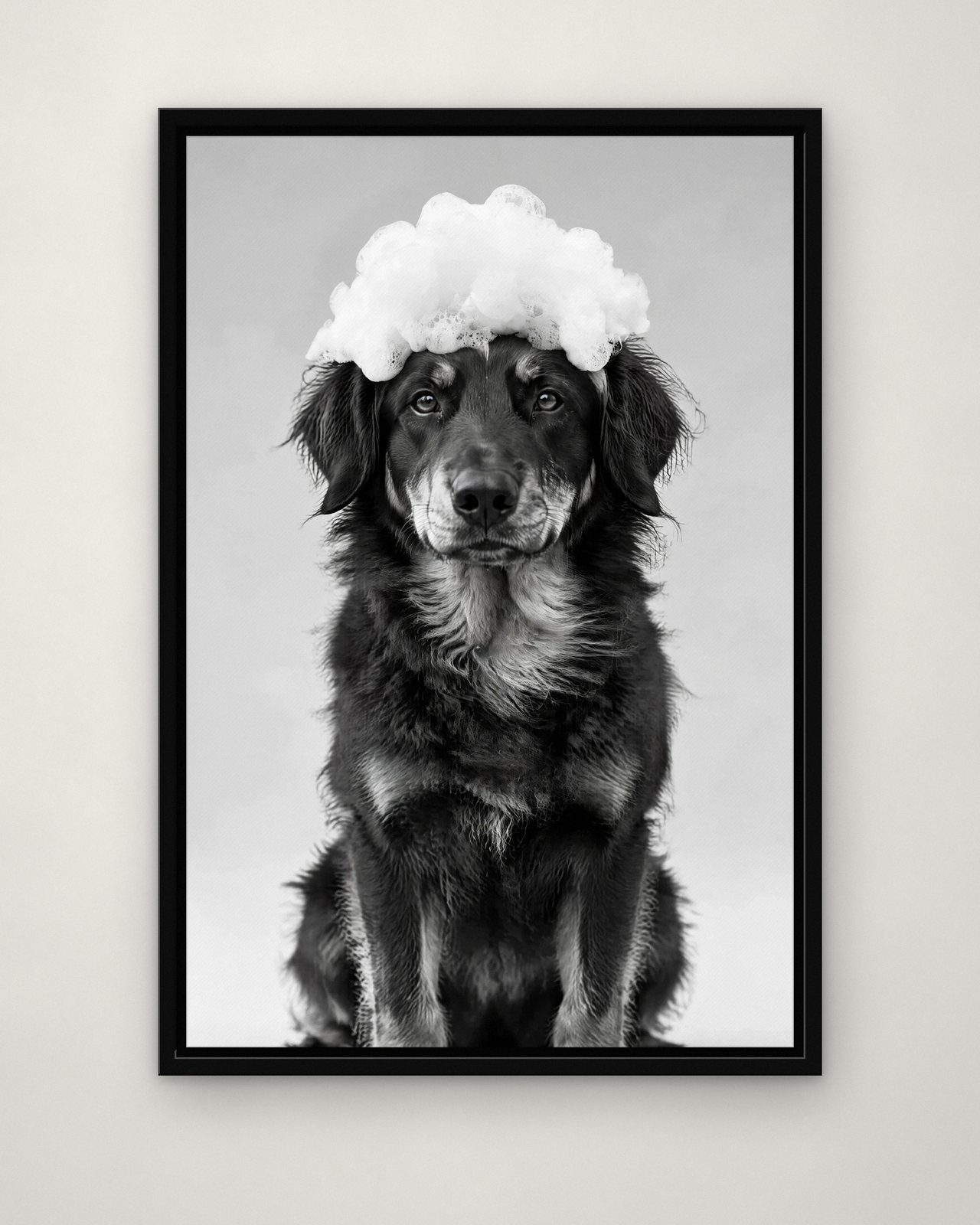 Bubble Crown portrait on canvas in a black floating frame on a plain wall