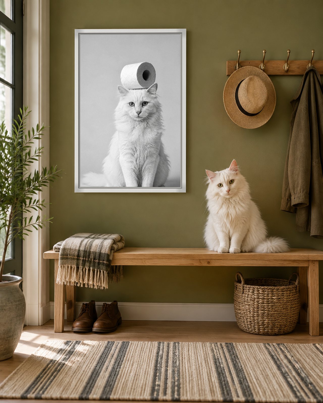 Balancing Act portrait on canvas in a white floating frame in an olive-green entryway with a bench, with the cat beside it
