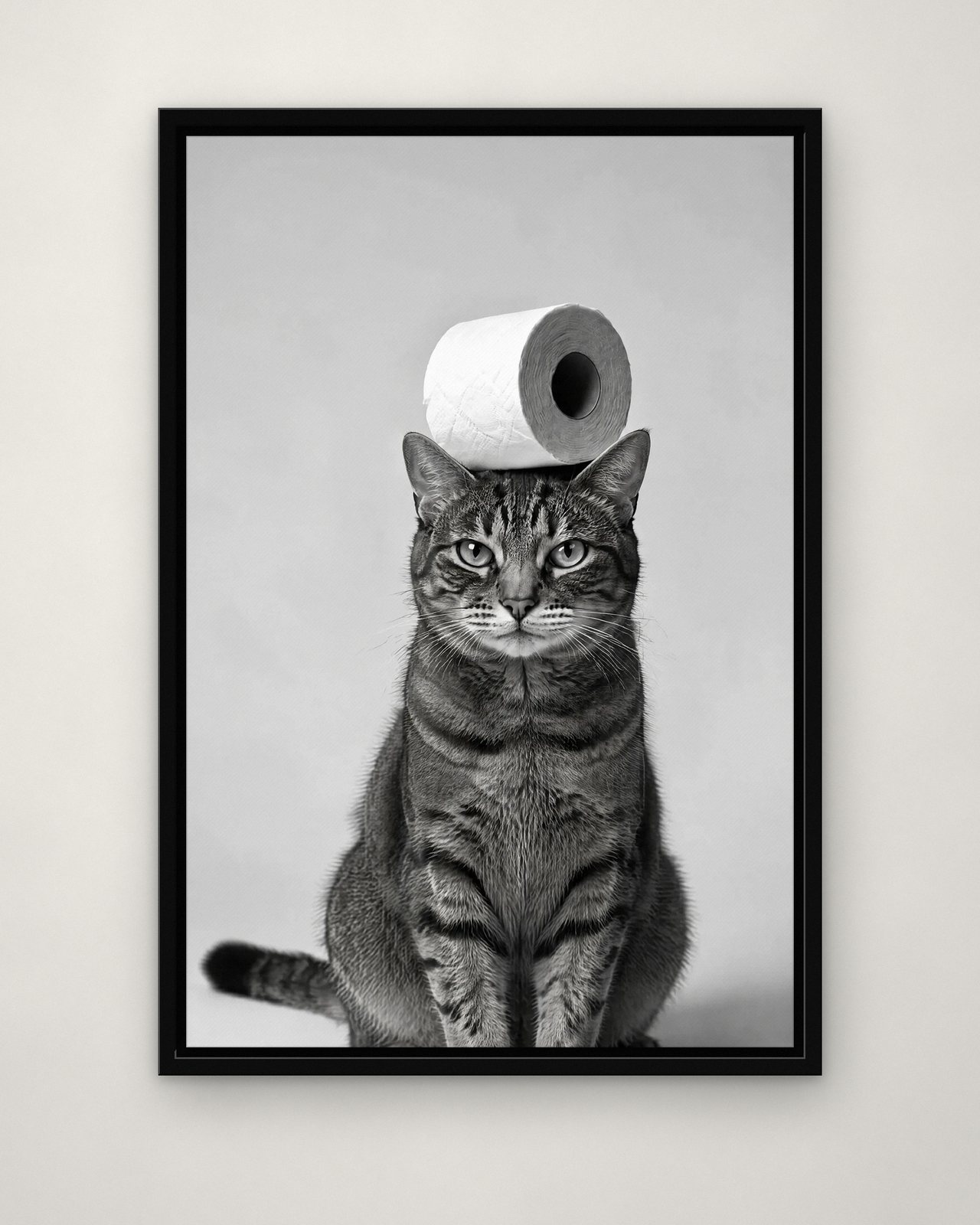 Balancing Act portrait on canvas in a black floating frame on a plain wall