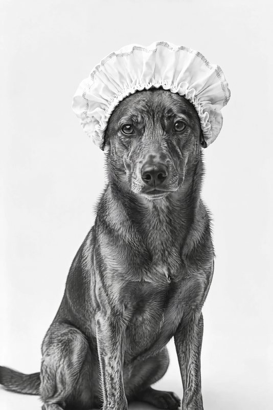 The Bath Bonnet look made with a brindle mixed-breed dog