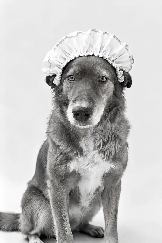 The Bath Bonnet look made with a chocolate shepherd-collie mix