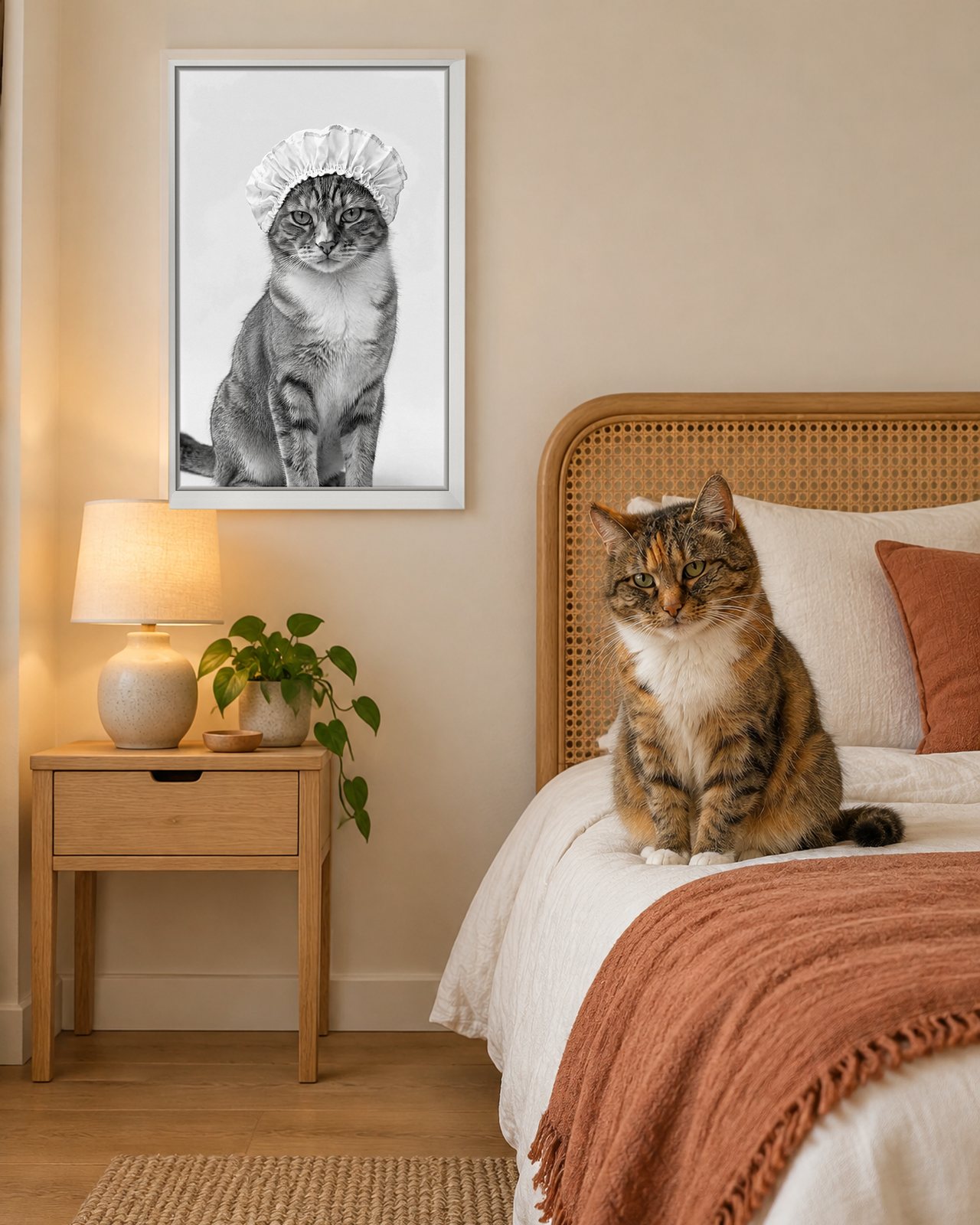 Bath Bonnet portrait on canvas in a white floating frame in a cream bedroom with a rattan headboard, with the cat beside it