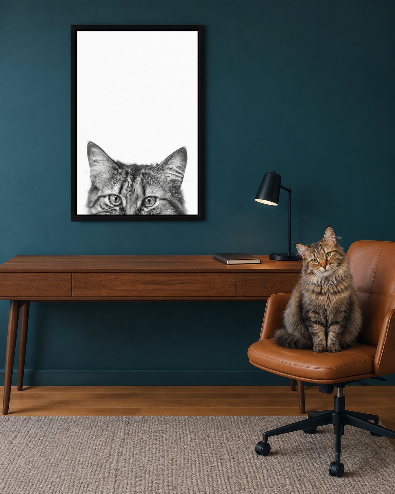 Peeking Over portrait on canvas in a black floating frame in a teal-blue study with a long desk, with the cat beside it