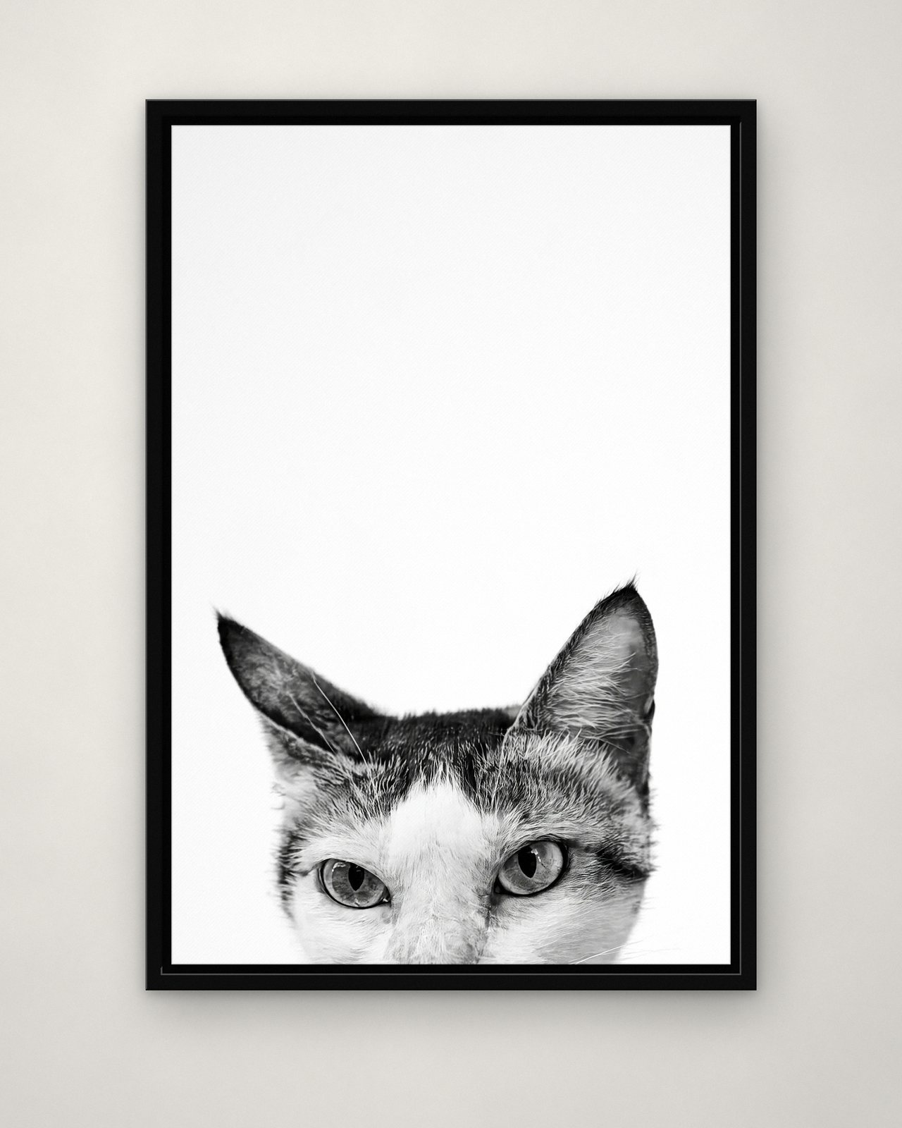 Peeking Over portrait on canvas in a black floating frame on a plain wall