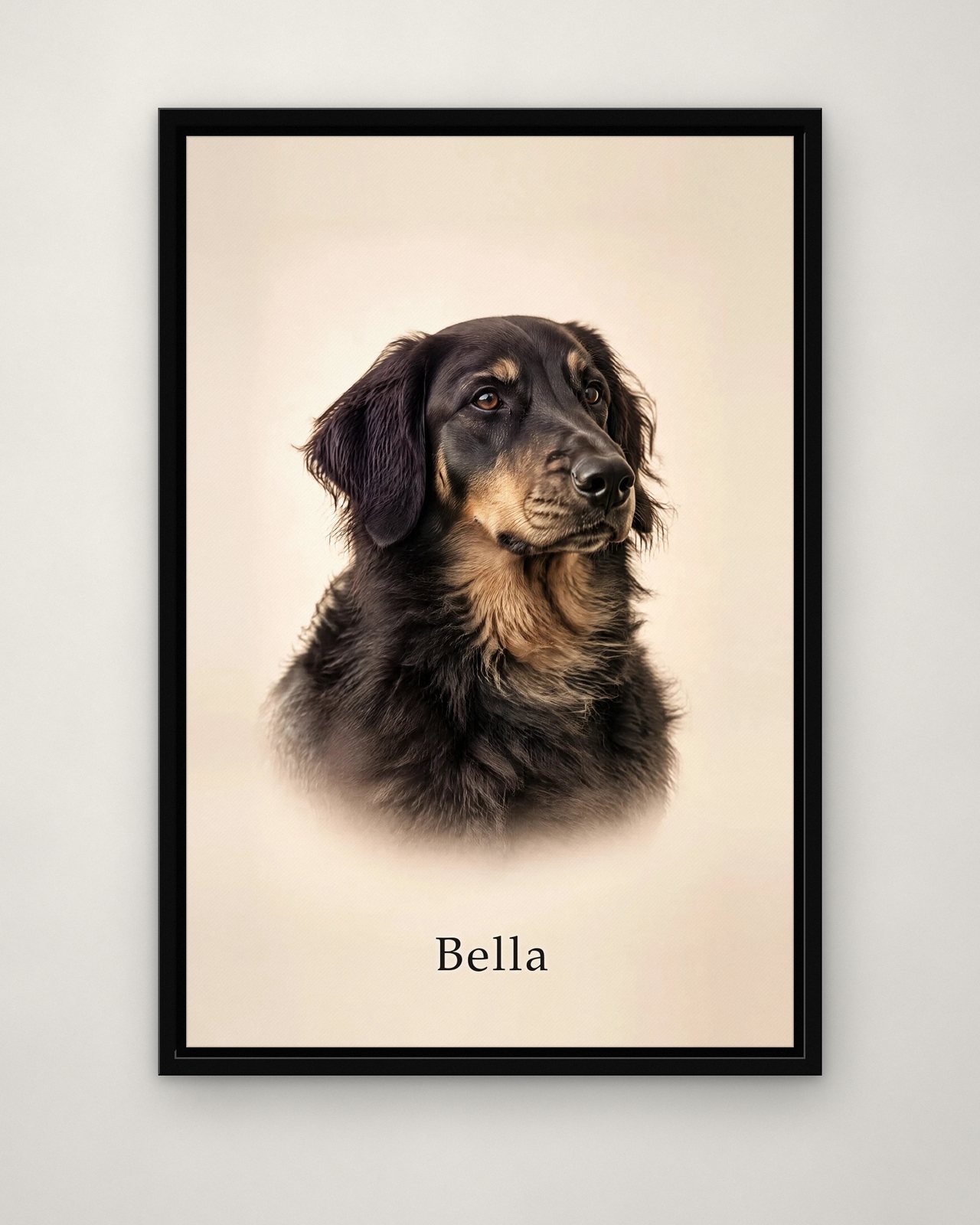 Simply Them portrait on canvas in a black floating frame on a plain wall, with the name Bella printed on the canvas