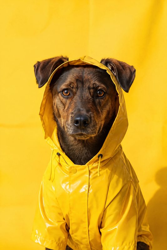 The Sunshine Yellow look made with a brindle mixed-breed dog