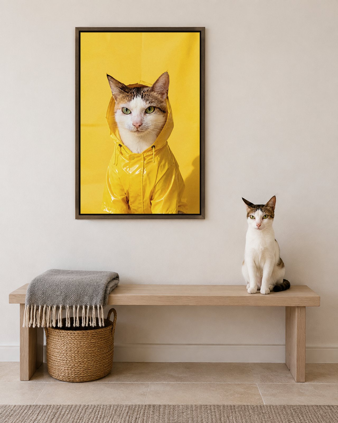 Sunshine Yellow portrait on canvas in a brown floating frame in a chalk-white entry with a long bench, with the cat beside it