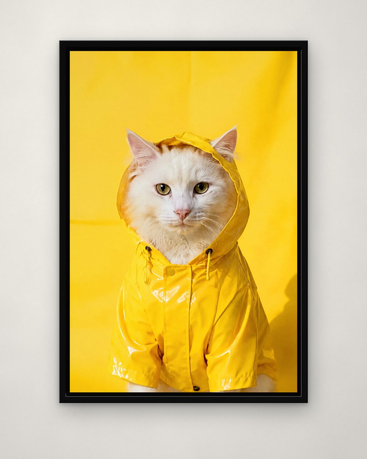 Sunshine Yellow portrait on canvas in a black floating frame on a plain wall