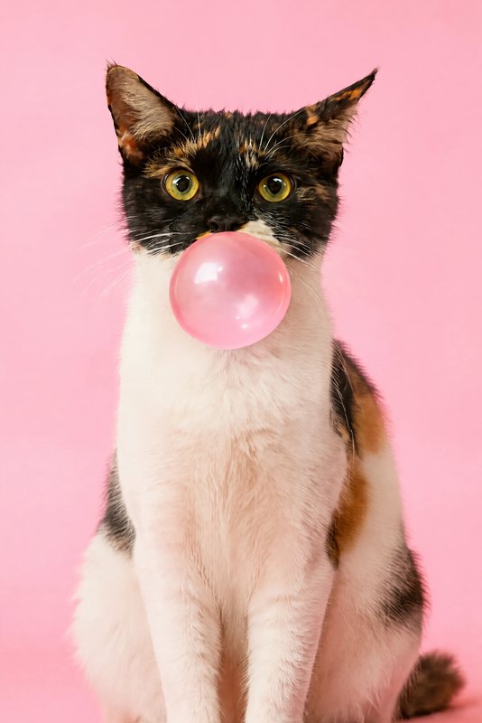 The Bubblegum Pink look made with a calico cat