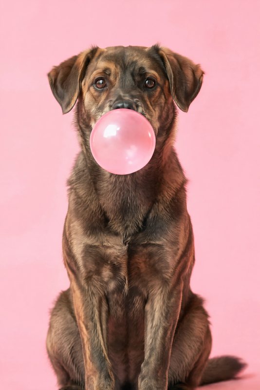 The Bubblegum Pink look made with a brindle mixed-breed dog