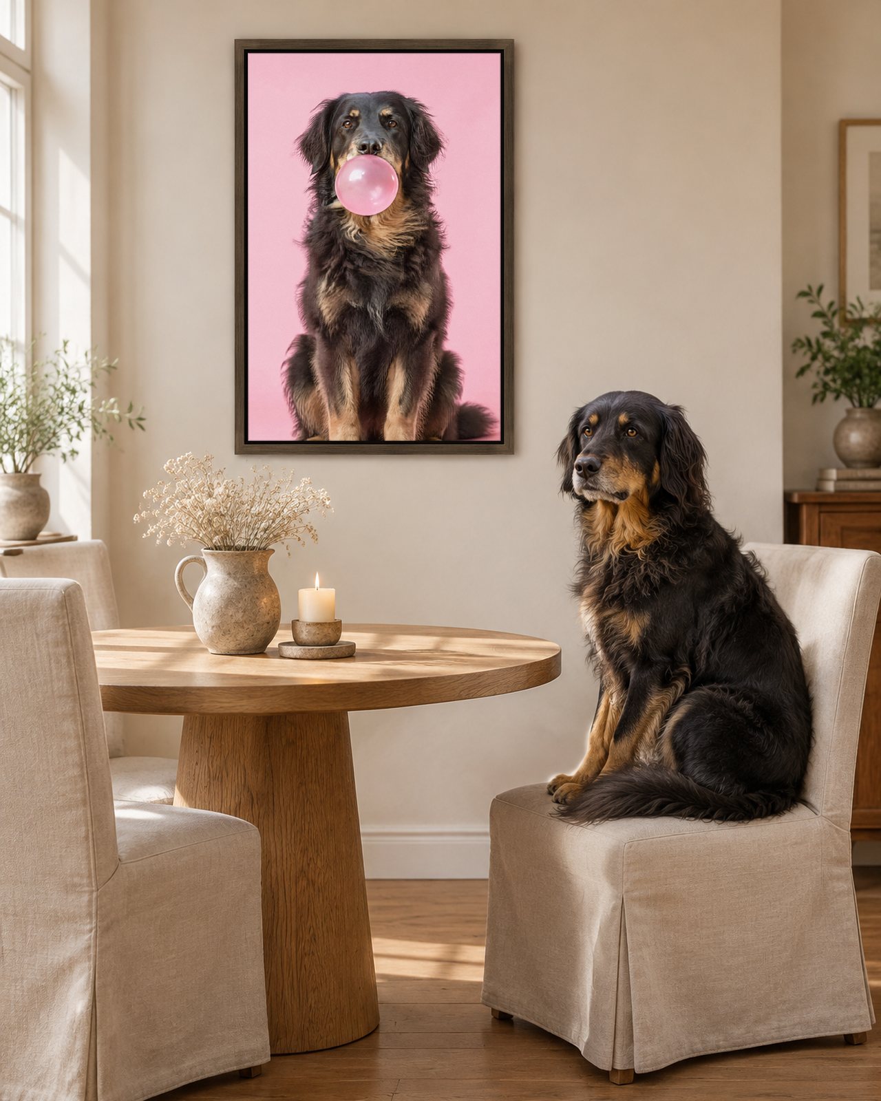 Bubblegum Pink portrait on canvas in a brown floating frame in a calm dining nook, with the dog beside it