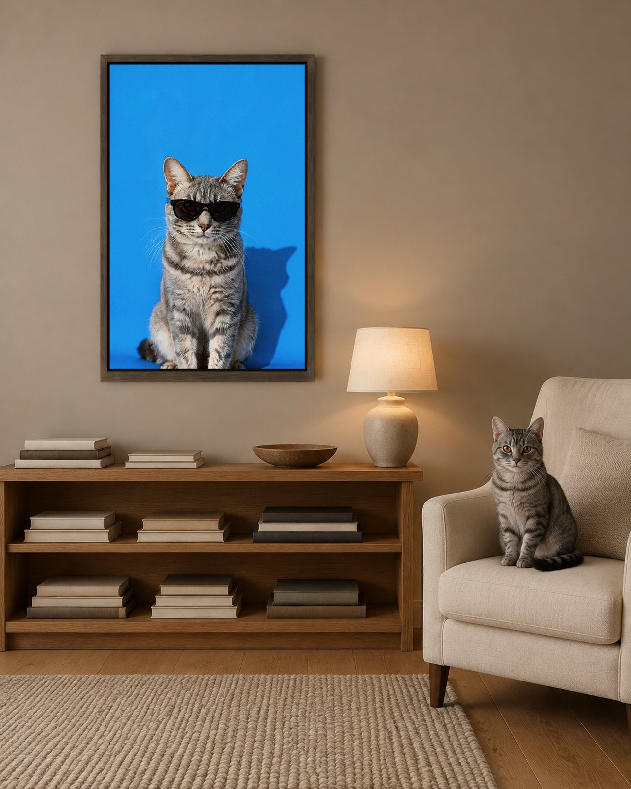 Blue Monday portrait on canvas in a brown floating frame in a warm-taupe library nook, with the cat beside it