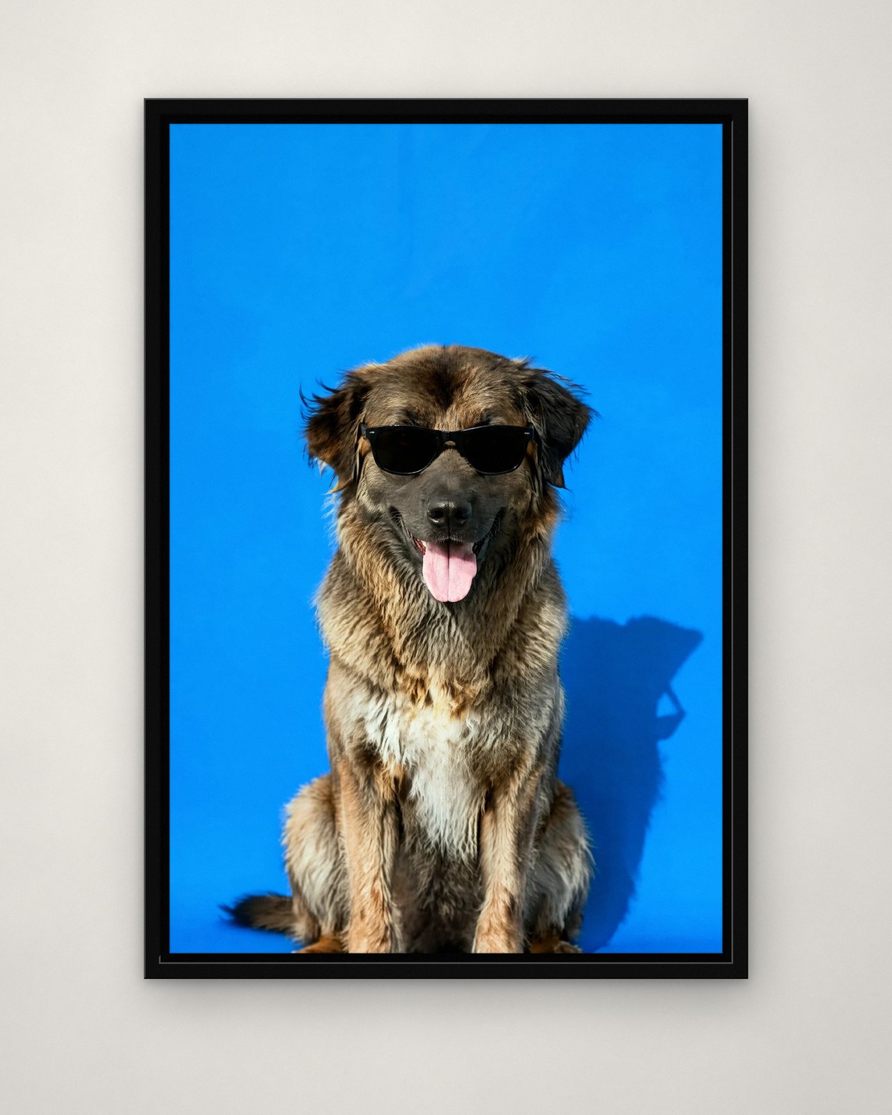 Blue Monday portrait on canvas in a black floating frame on a plain wall