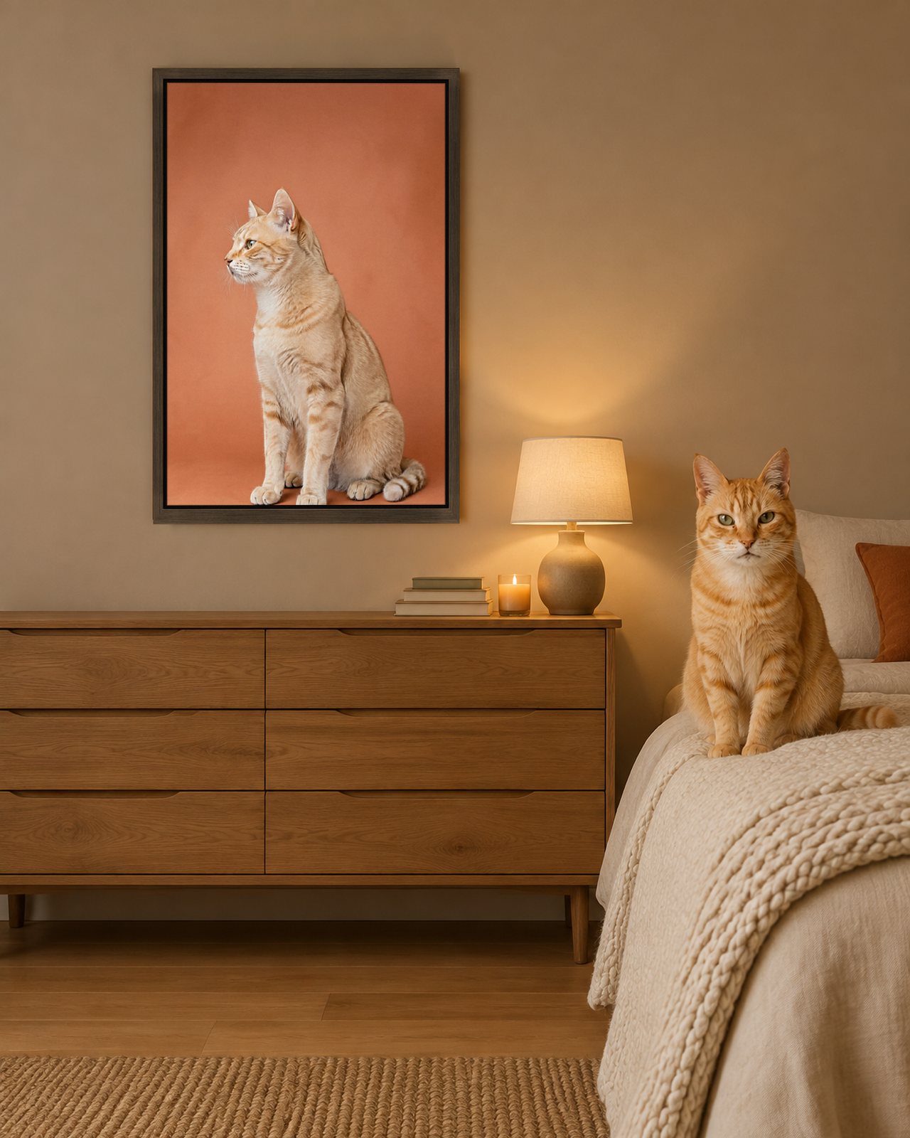 Terracotta Profile portrait on canvas in a brown floating frame in a cosy bedroom, with the cat beside it
