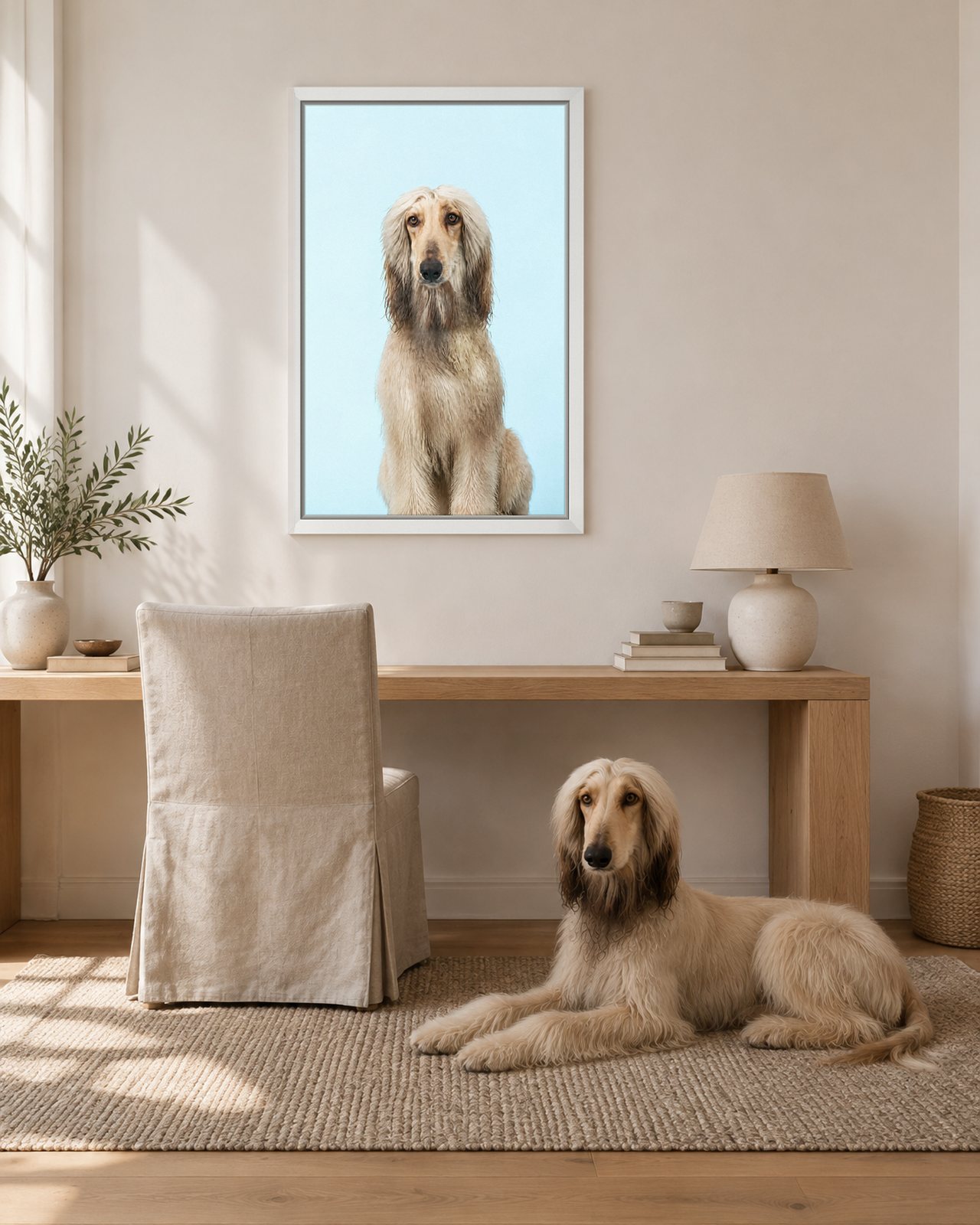Powder Blue portrait on canvas in a white floating frame in a soft-white study nook, with the dog beside it