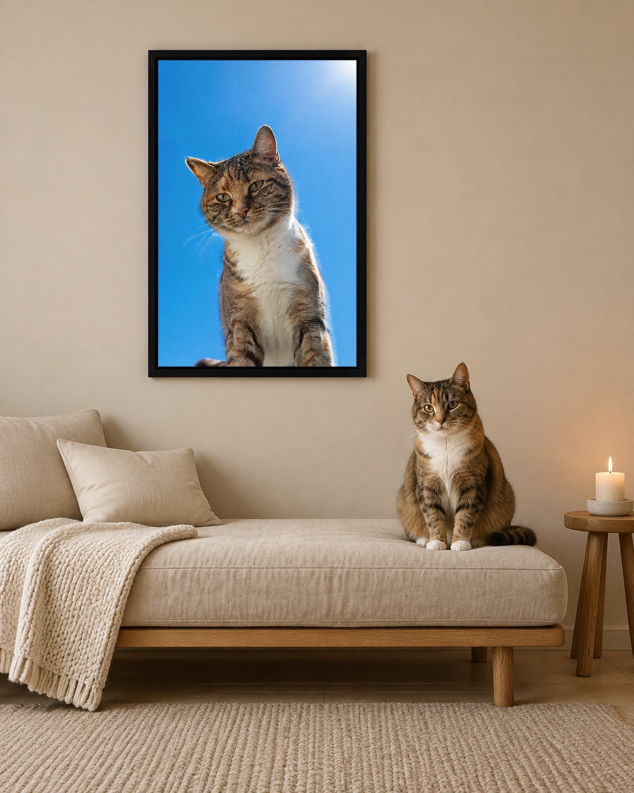 Sky High portrait on canvas in a black floating frame in an oatmeal living room with a linen daybed, with the cat beside it