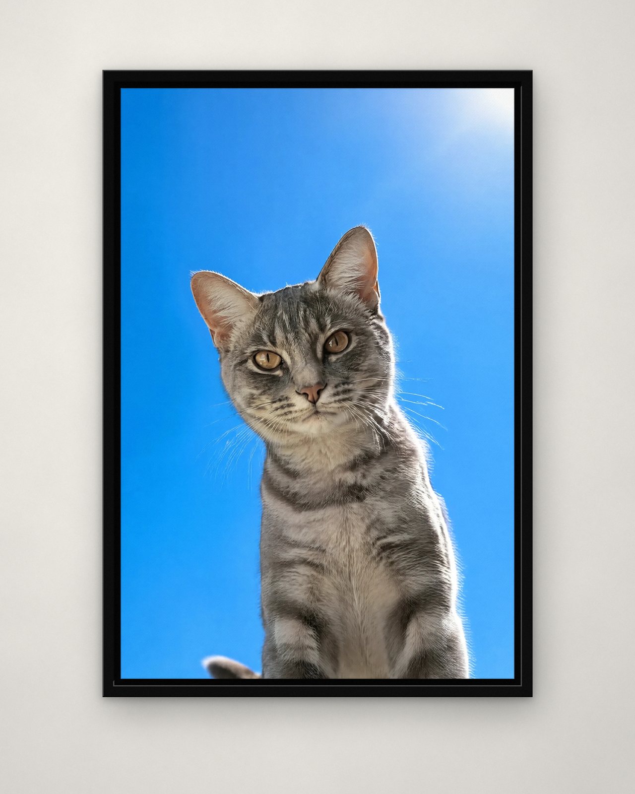 Sky High portrait on canvas in a black floating frame on a plain wall