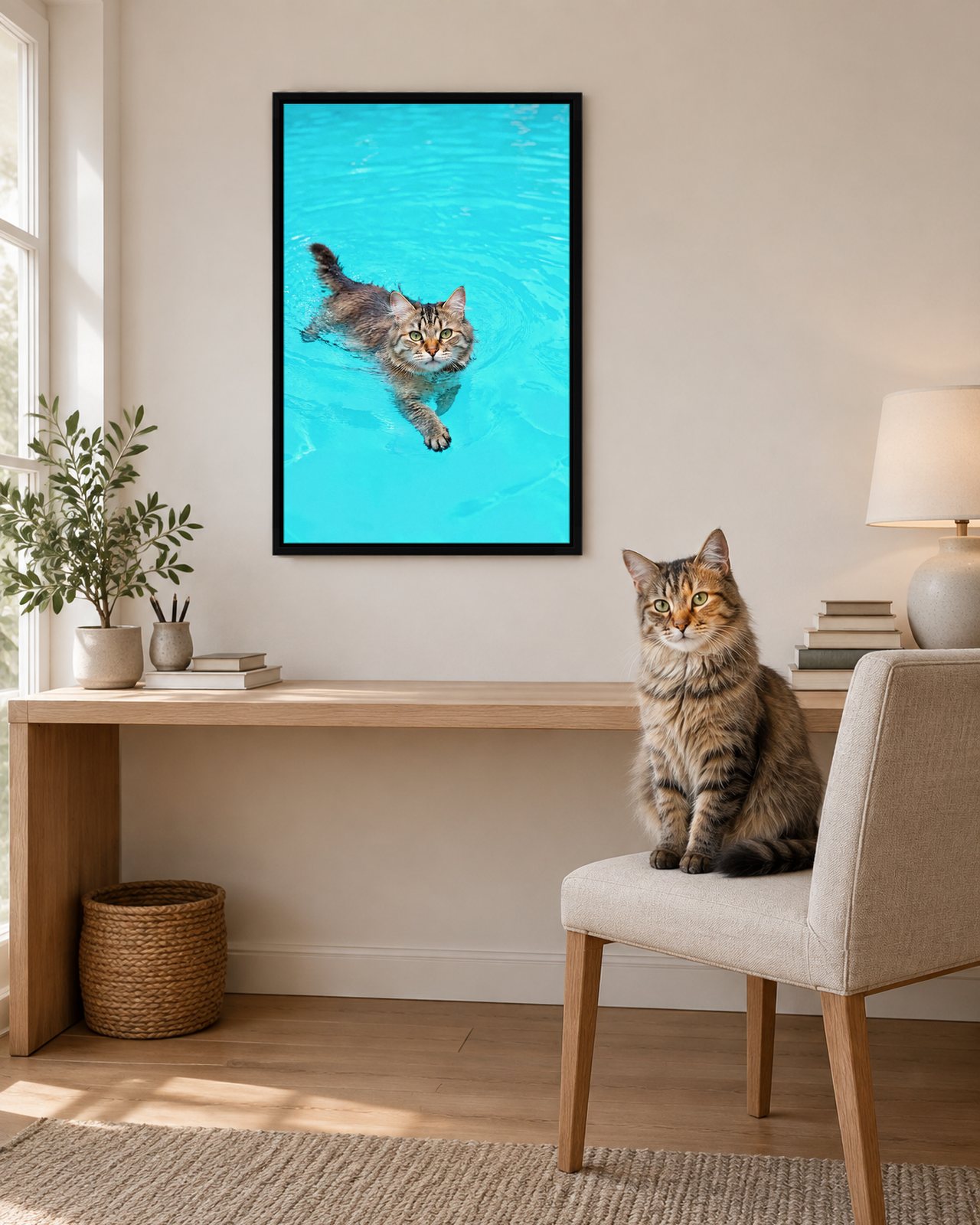 Deep End portrait on canvas in a black floating frame in a soft-white study nook, with the cat beside it
