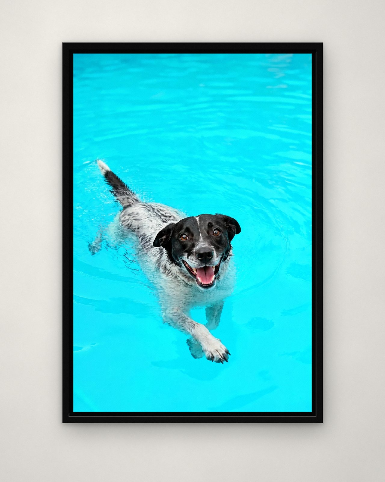 Deep End portrait on canvas in a black floating frame on a plain wall