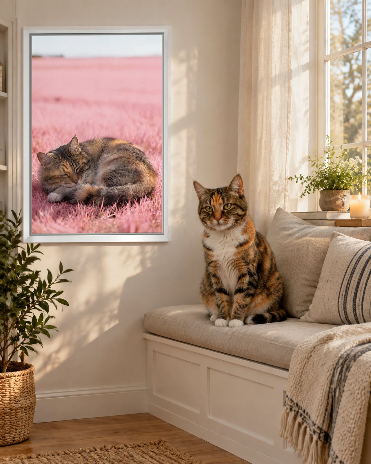 Blush Nap portrait on canvas in a white floating frame in a sunroom with a window seat, with the cat beside it