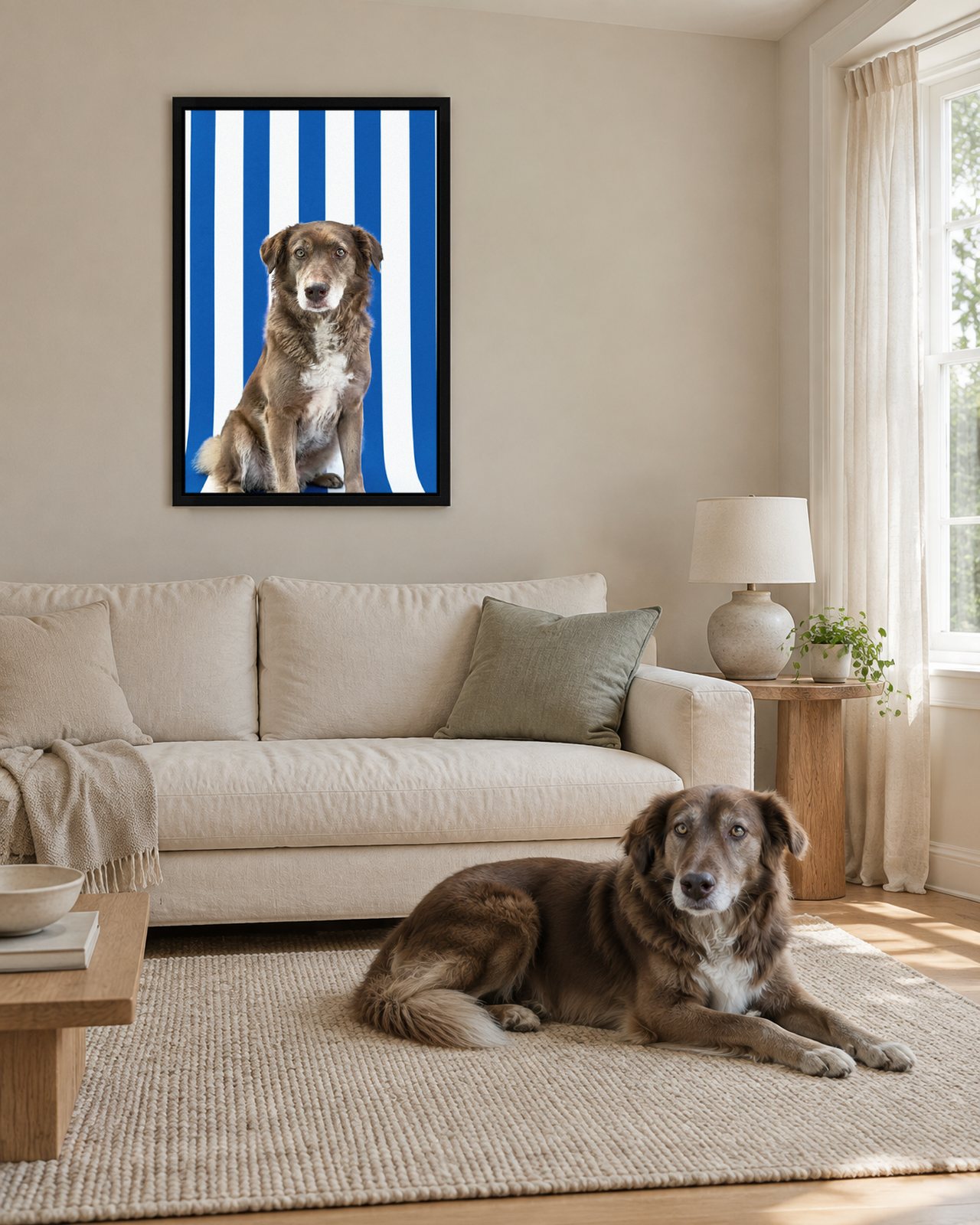 Bold Stripes portrait on canvas in a black floating frame in a pale-stone sitting room with a bay window, with the dog beside it