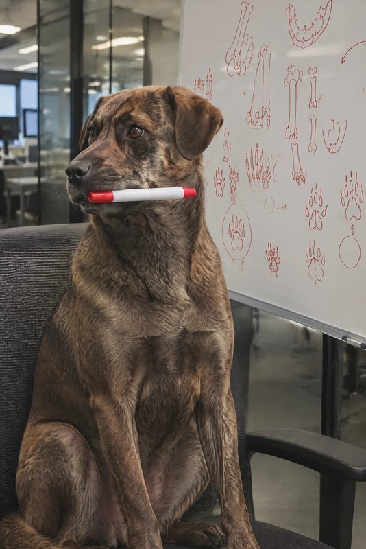The Whiteboard Boss look made with a brindle mixed-breed dog