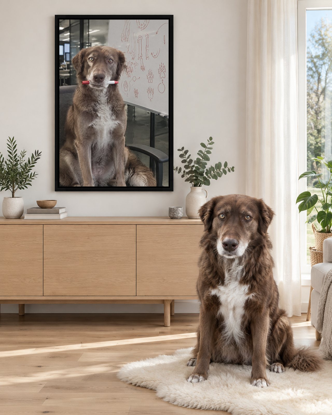 Whiteboard Boss portrait on canvas in a black floating frame in a Scandinavian living room, with the dog beside it