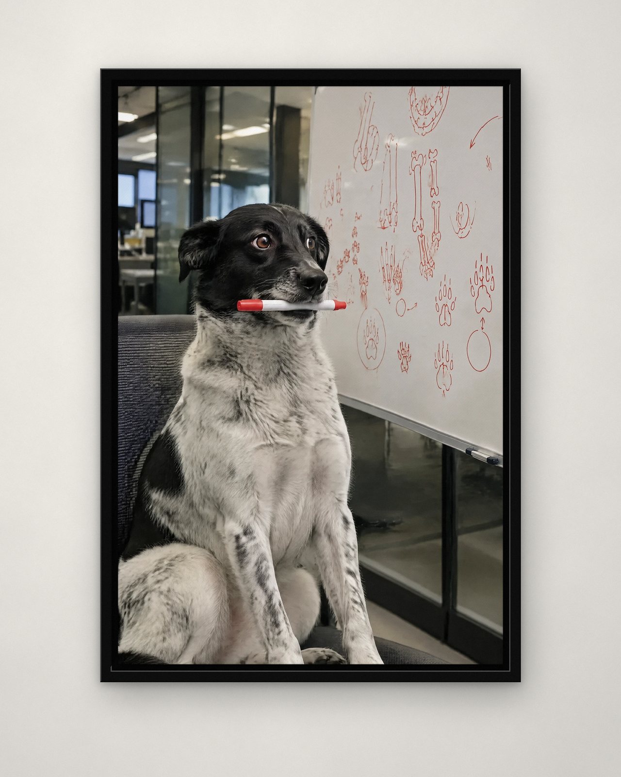 Whiteboard Boss portrait on canvas in a black floating frame on a plain wall