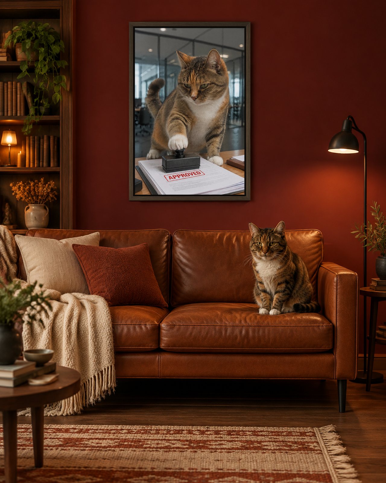 Approved! portrait on canvas in a brown floating frame in an oxblood reading room, with the cat beside it