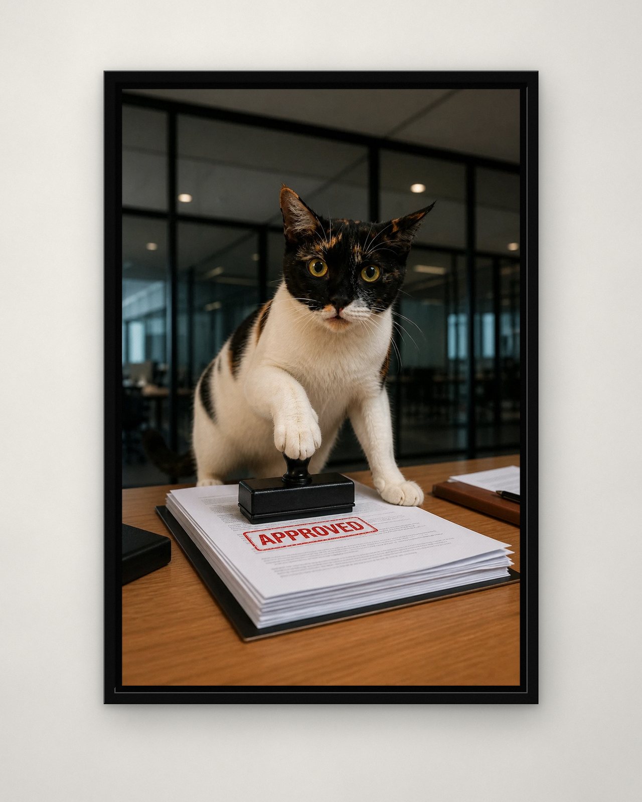 Approved! portrait on canvas in a black floating frame on a plain wall