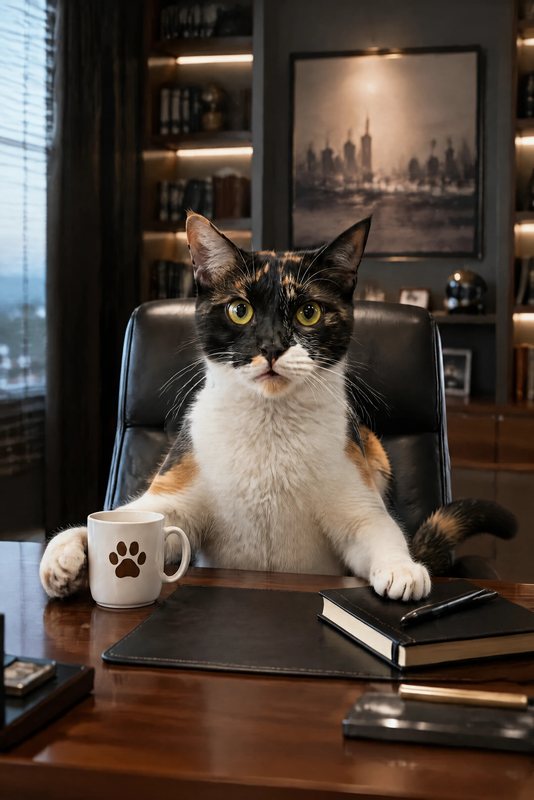 The Big Desk look made with a calico cat