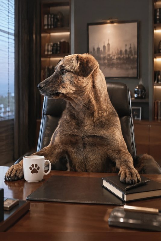 The Big Desk look made with a brindle mixed-breed dog
