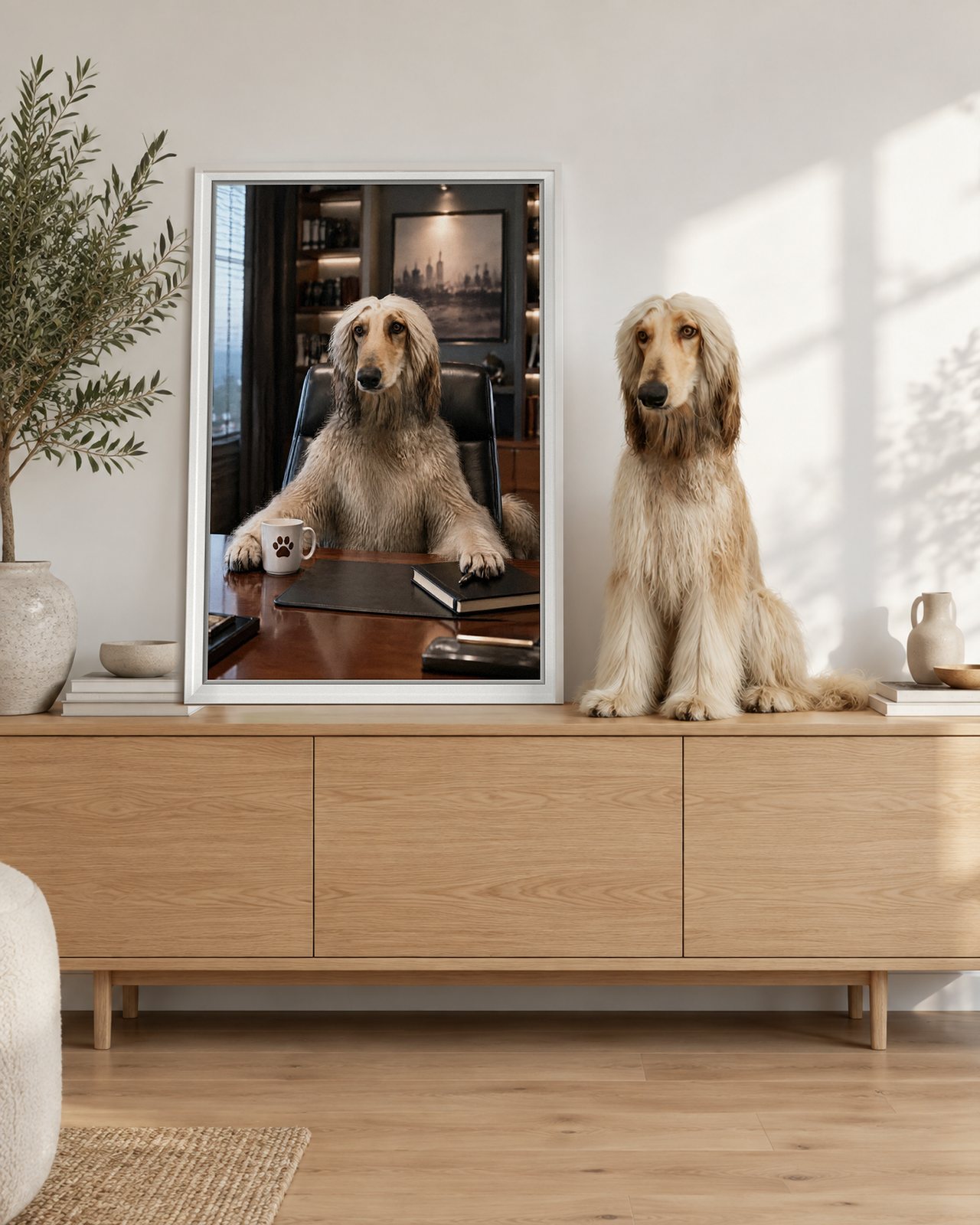Big Desk portrait on canvas in a white floating frame in a bright modern living room, with the dog beside it