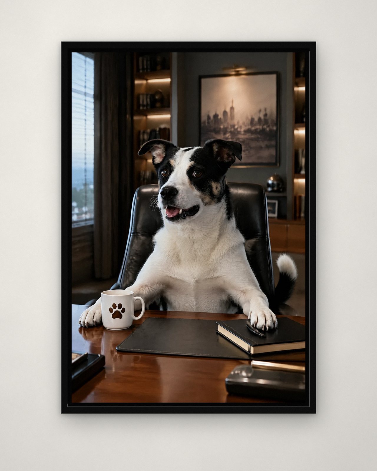 Big Desk portrait on canvas in a black floating frame on a plain wall