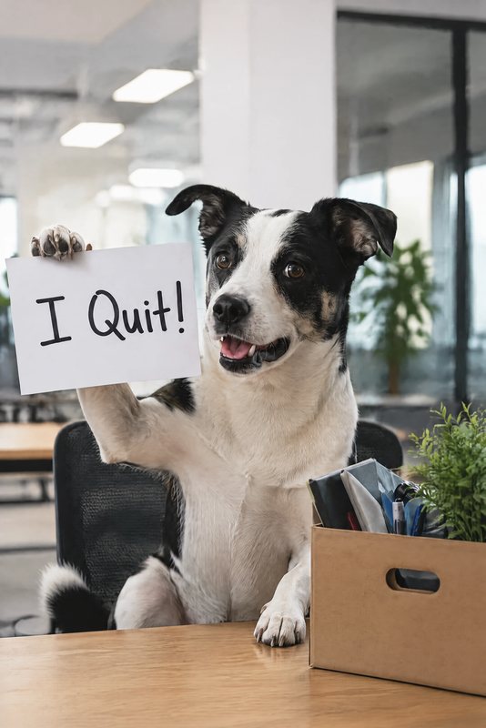 The I Quit! look made with a black-and-white dog