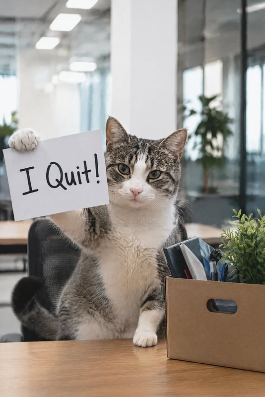 The I Quit! look made with a tabby-and-white cat