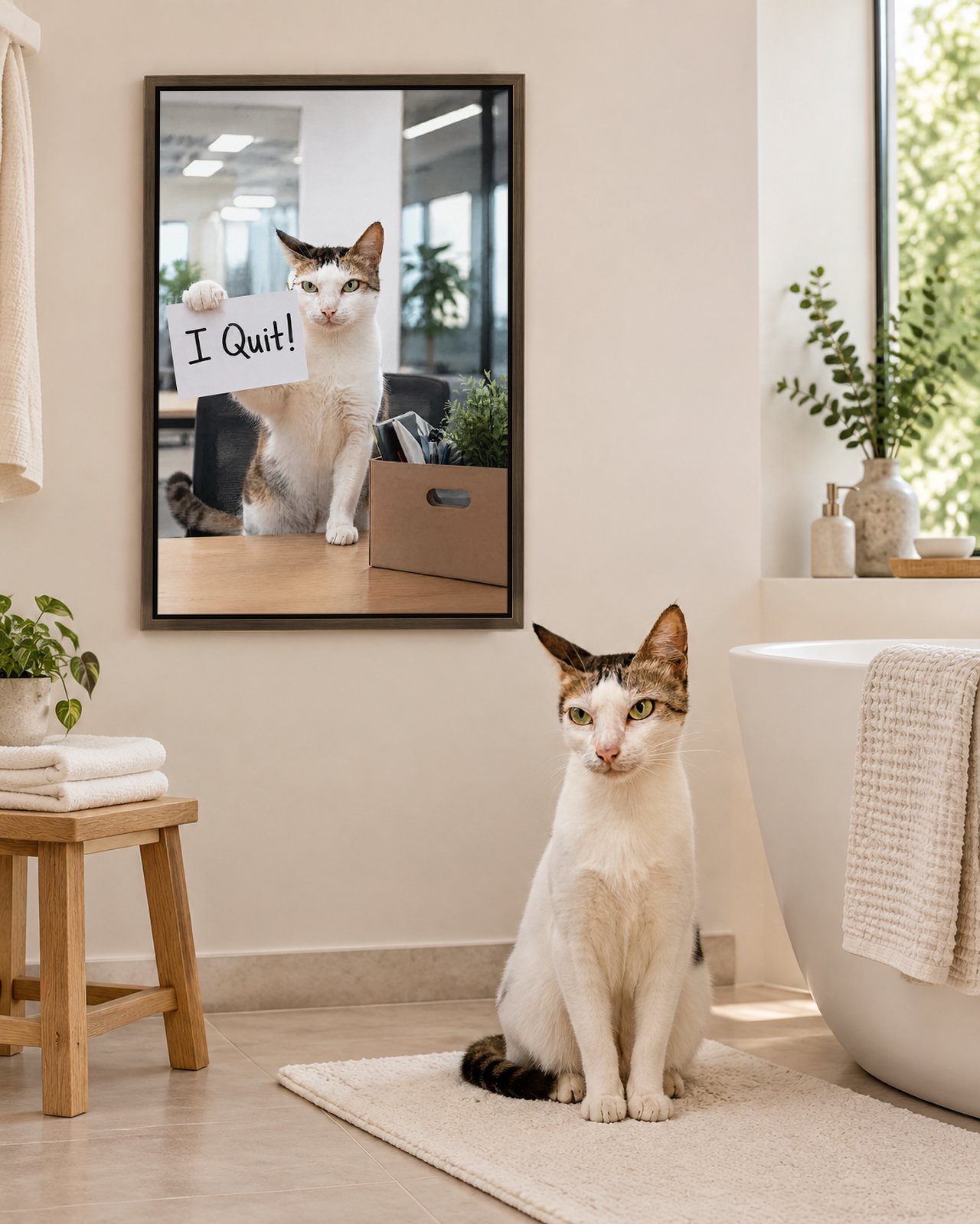 I Quit! portrait on canvas in a brown floating frame in a bright bathroom with a freestanding tub, with the cat beside it