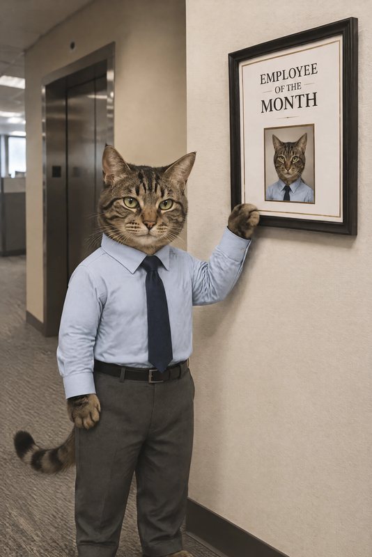 The Employee of the Month look made with a brown tabby cat