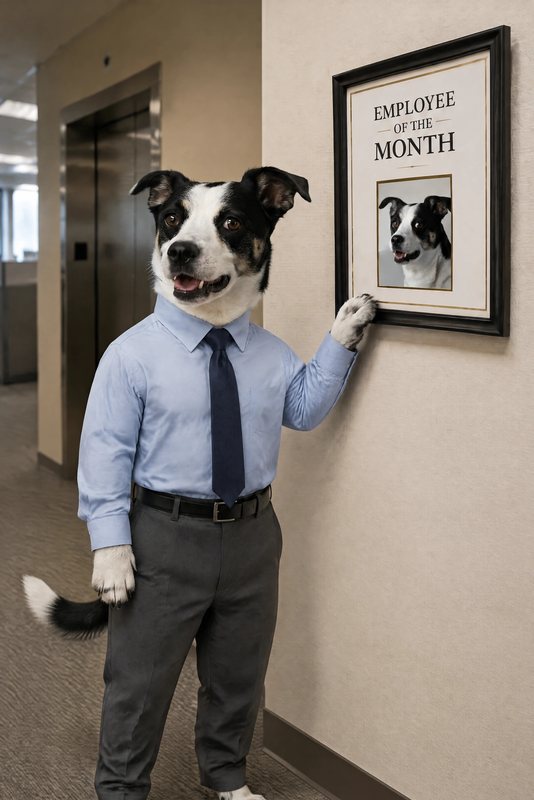 The Employee of the Month look made with a black-and-white dog