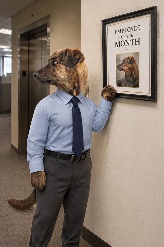 The Employee of the Month look made with a brindle mixed-breed dog