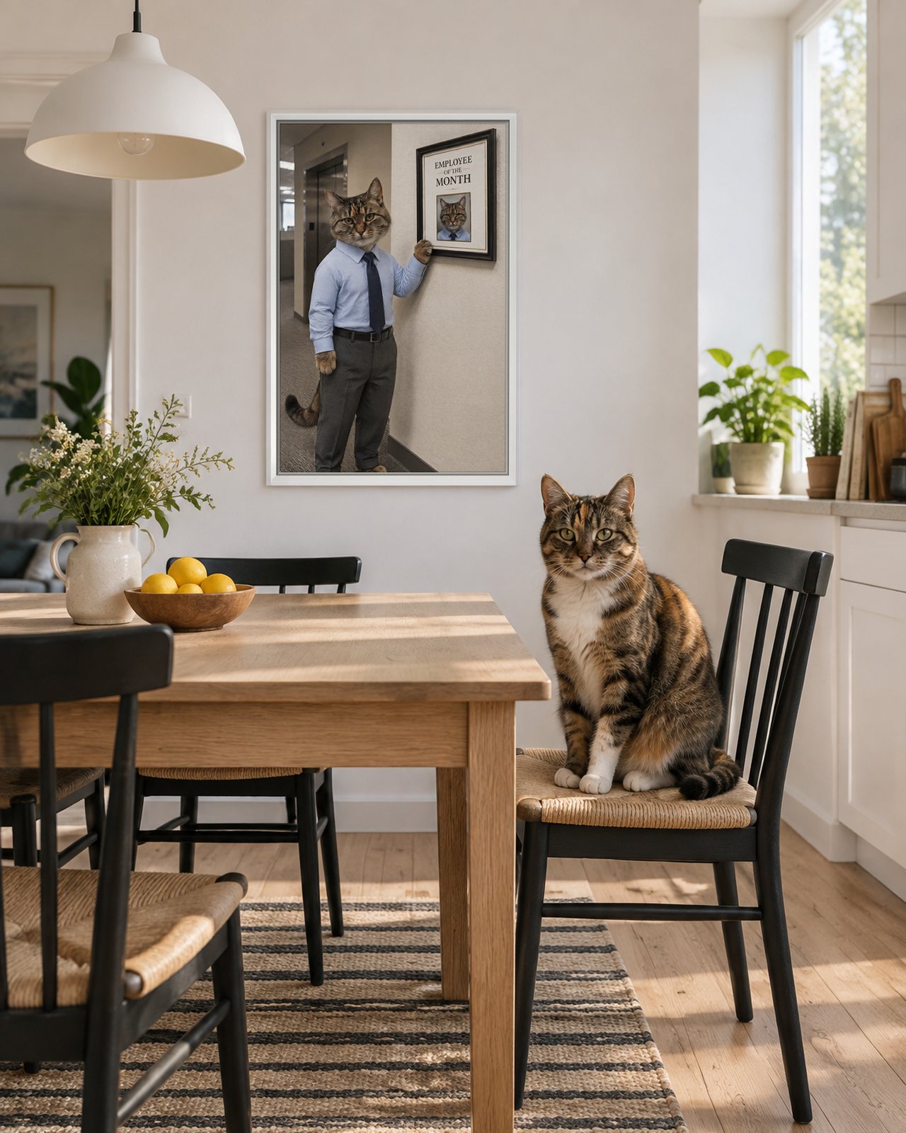 Employee of the Month portrait on canvas in a white floating frame in a sunny kitchen-diner, with the cat beside it