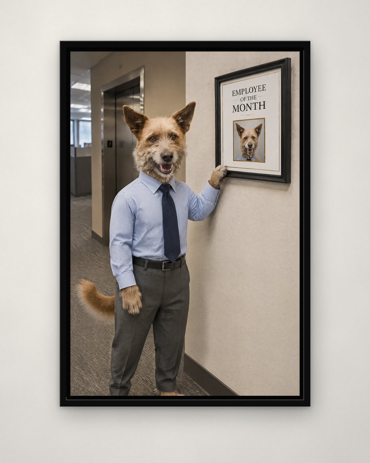 Employee of the Month portrait on canvas in a black floating frame on a plain wall