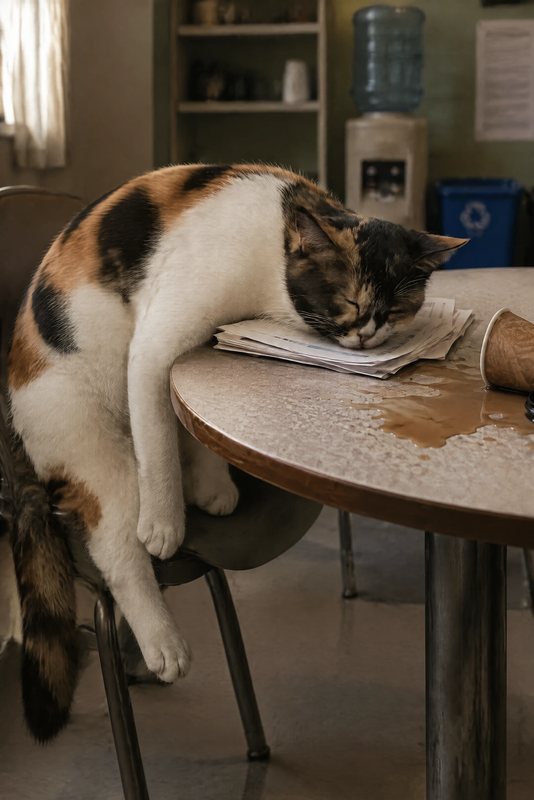 The Long Day look made with a calico cat