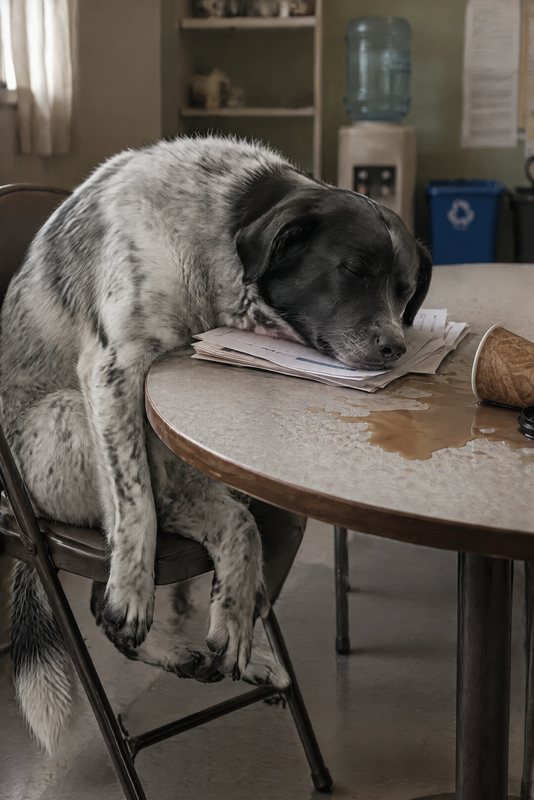 The Long Day look made with a black-and-white speckled dog